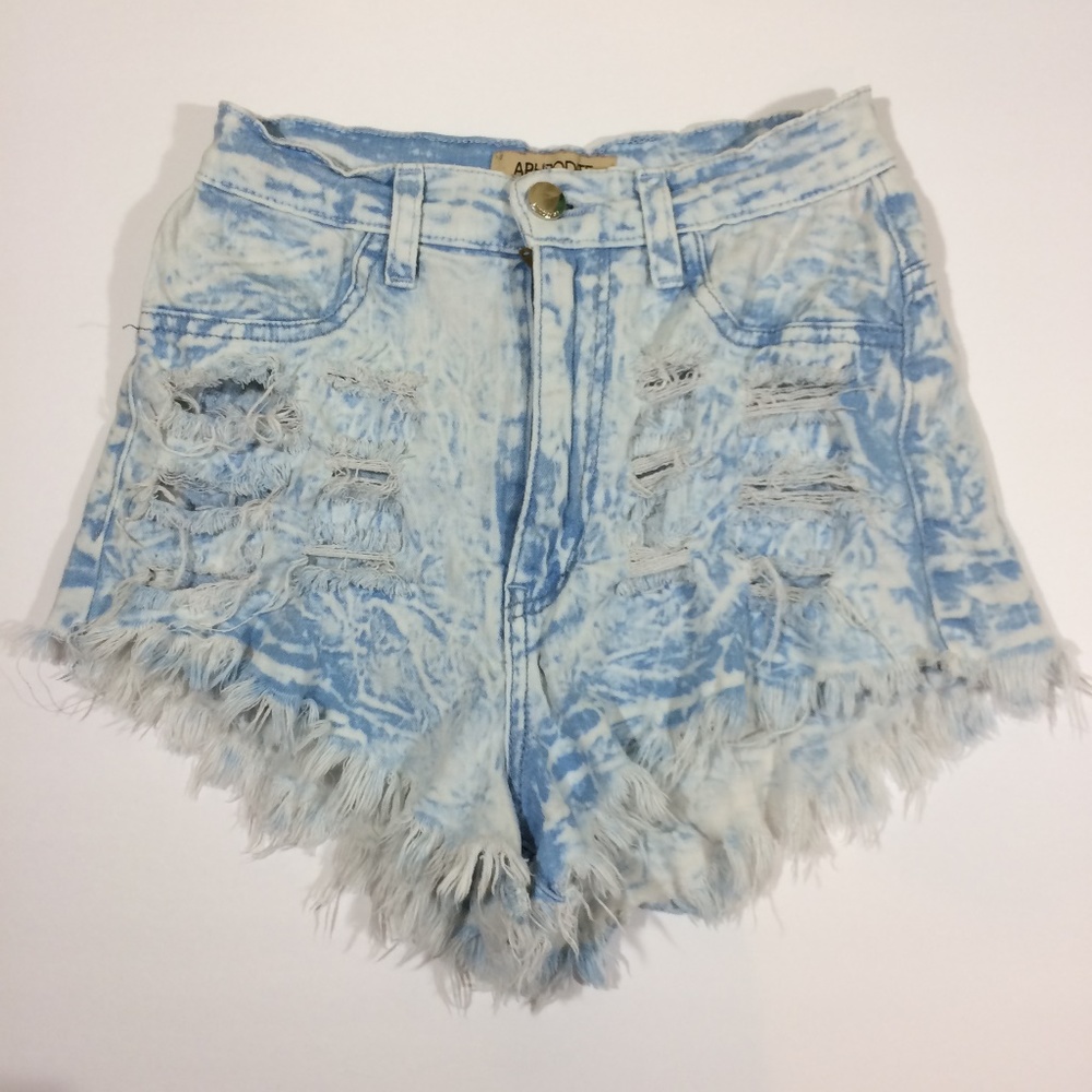 Aphrodite Acid Wash Cut Off Denim Shorts High Waist Distressed Frayed Hem Size S